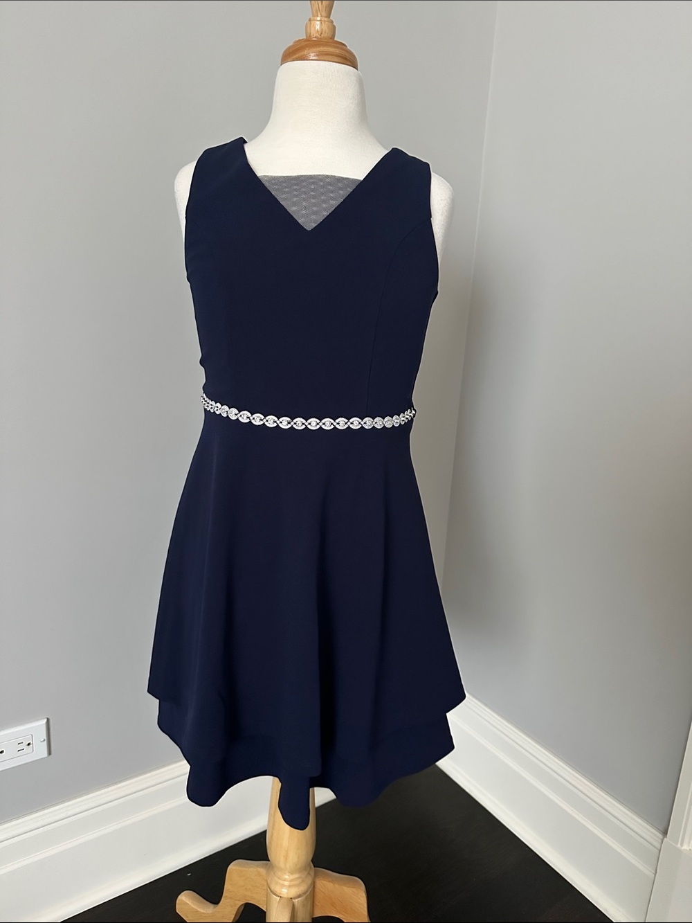 Speechless Navy Sleeveless Fit-and-Flare Dress with Rhinestone Waist